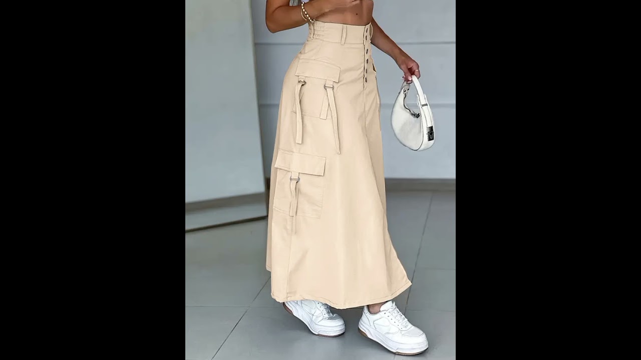 Women's Casual Cargo Skirt with Button Front and Side Pockets - Beige High-Waisted